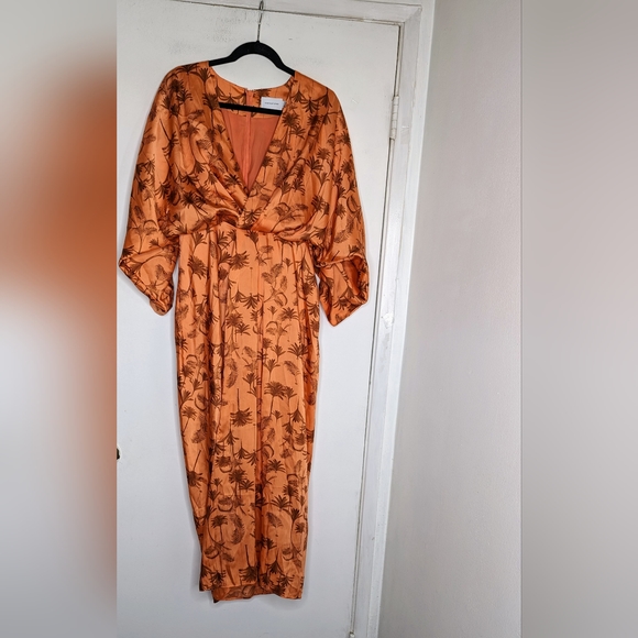Significant Other Tropical Print Sunset Satin Midi Dress Draped Plunging - Picture 11 of 14